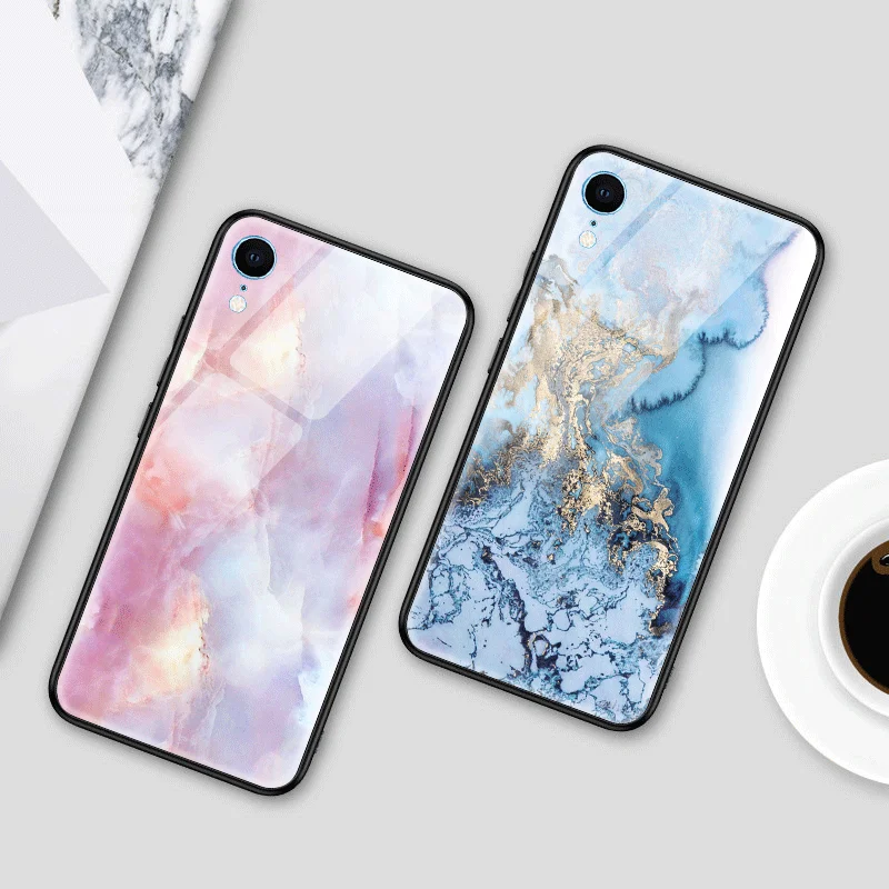 Для iPhone SE 2020 для 11 Pro Max мраморное закаленное стекло мягкий чехол из ТПУ чехлы