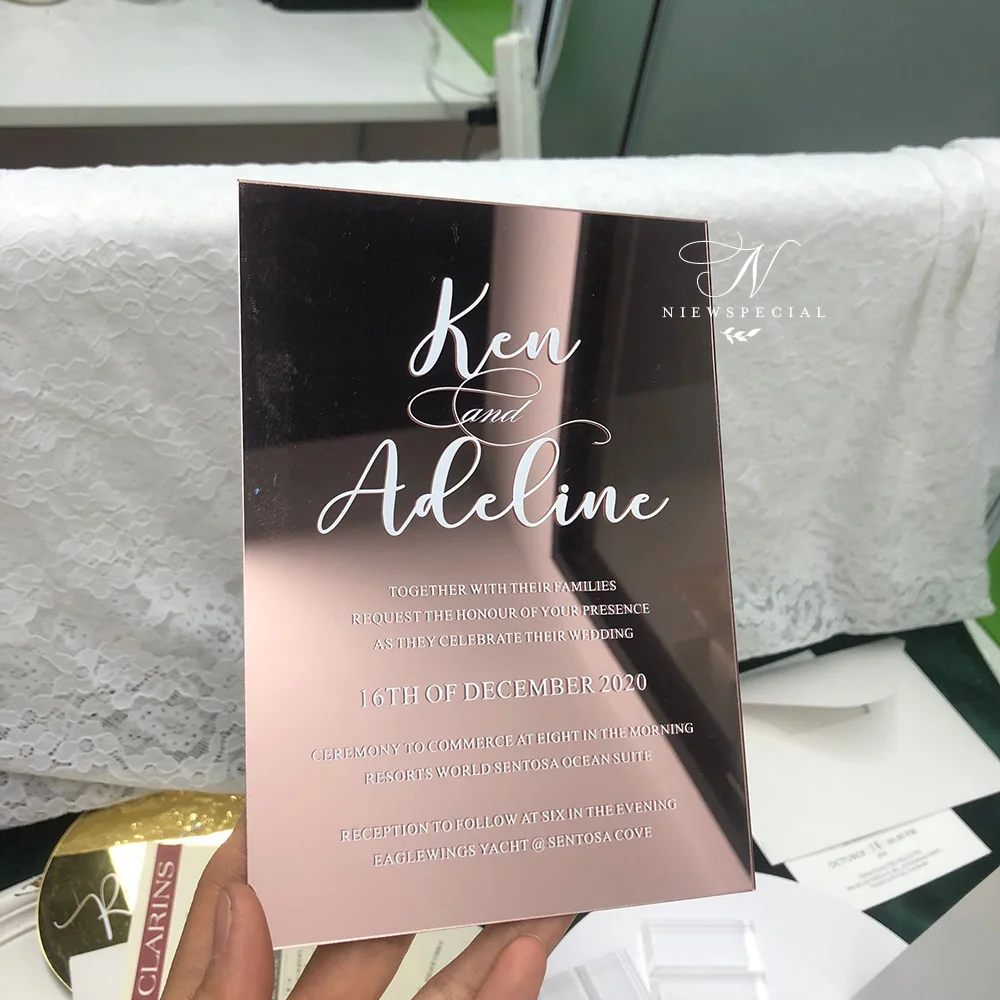 Classic Elegant Simple Gold/ Rose Gold/ Silver/ Brown Mirror Acrylic Wedding Invitation with White Ink