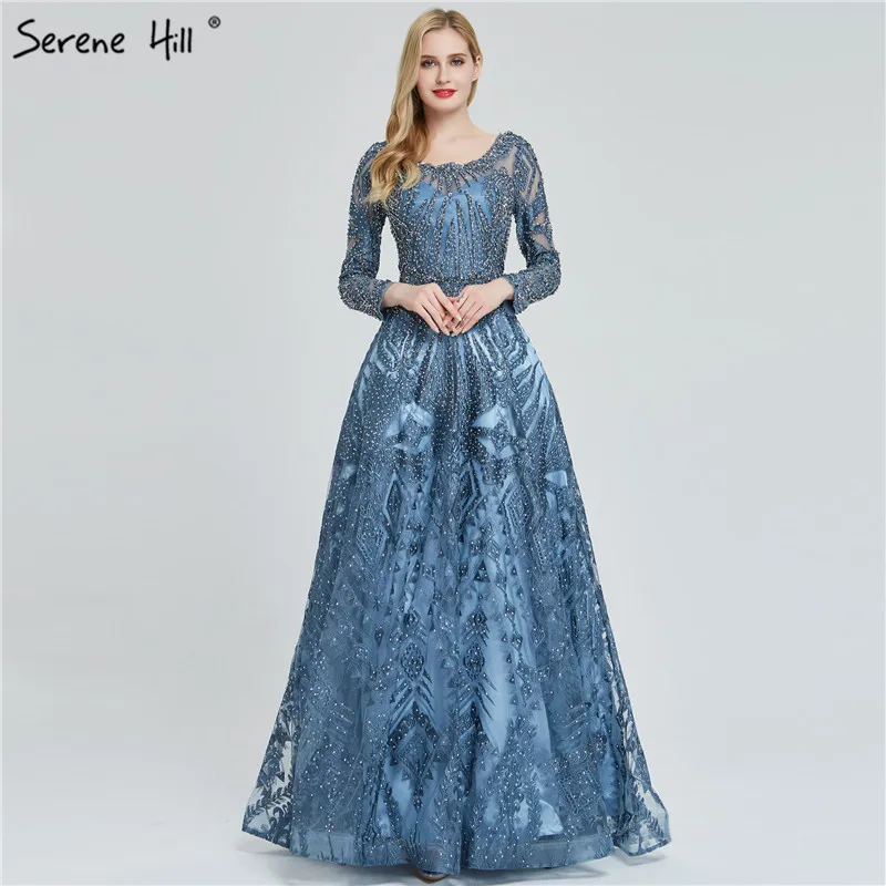 

Dubai Luxury Long Sleeves Evening Dresses 2019 Latest Design Navy Blue O-Neck Crystal Evening Gowns Serene Hill DLA60900