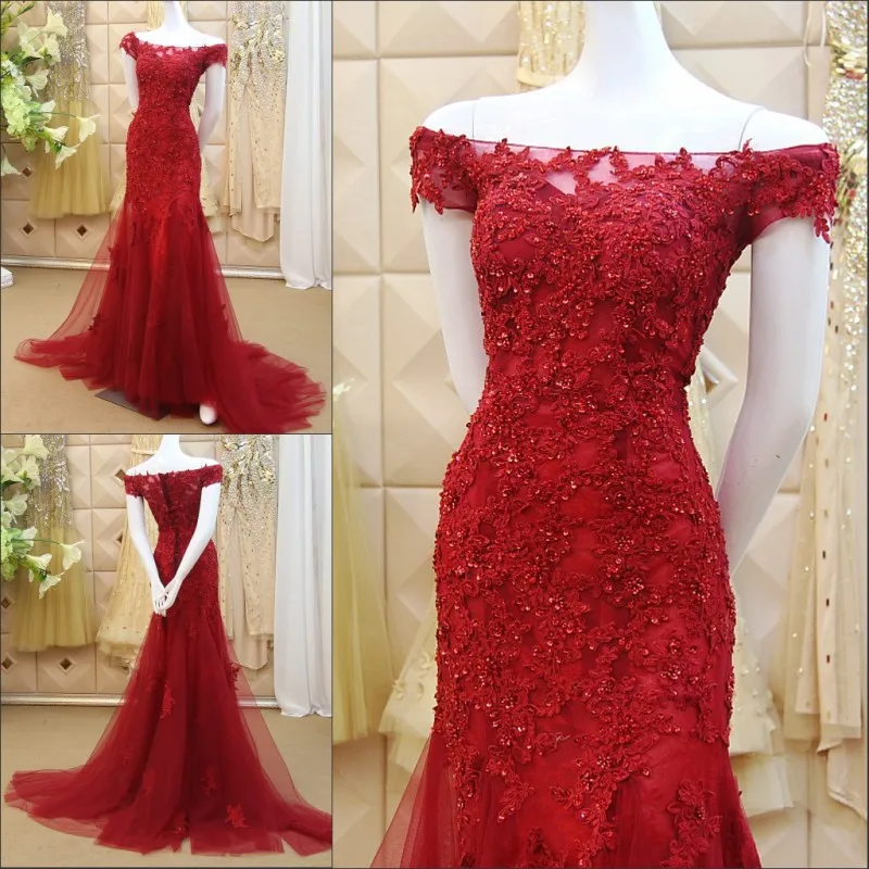 

boat neck red tulle mermaid prom party sexy vestido de noiva lace appliques beading pearls evening mother of the bride dress