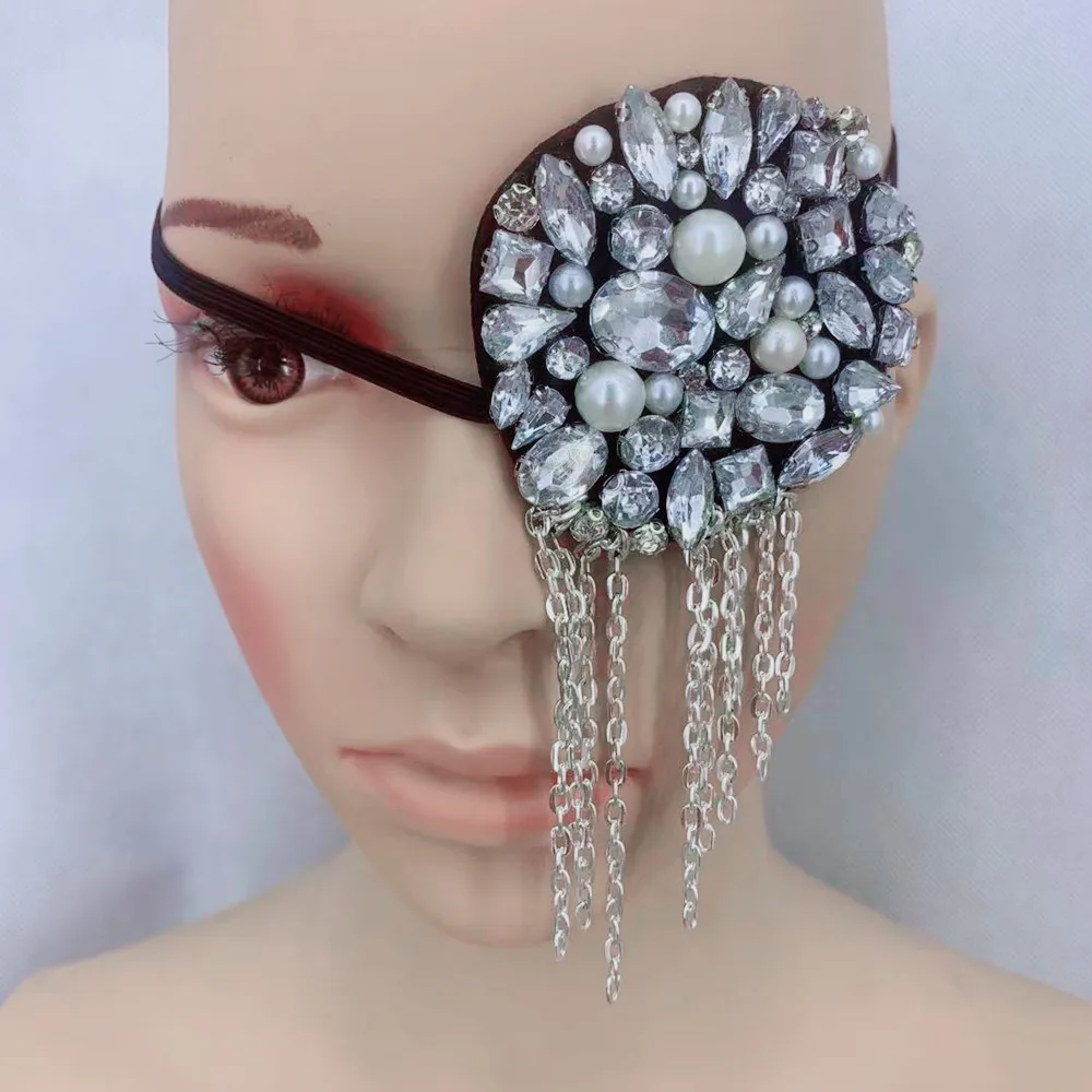 Customize Bling Crystal Pirate Eyeshade Christmas Eye Mask Face Jewelry for Women Luxury Rhinestone Pearls Cosplay One Eye Patch