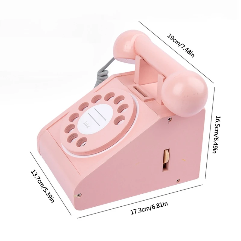 Kid Wooden Playhouse Dial Telephone Toy Interactive Pretend Phone Old Fashioned Landline Wired Phone For Home Office Phone