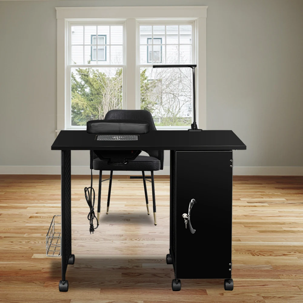 

Manicure Nail Table Station Steel Frame Beauty Salon Equipment Drawer with LED Lamp Black QS888