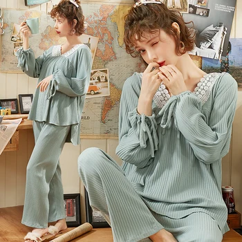 

100# Cotton Maternity Nursing Sleepwear Sets Breastfeeding Nightwear Clothes for Pregnant Women Sweet Pregnancy Feeding Pajamas