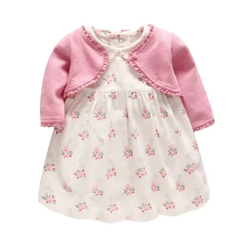 

New Fashion Baby Girls Botton Spring Autumn Long Sleeves Newborn Outerwear Cute Floral Print Dress 2pcs Infant Set