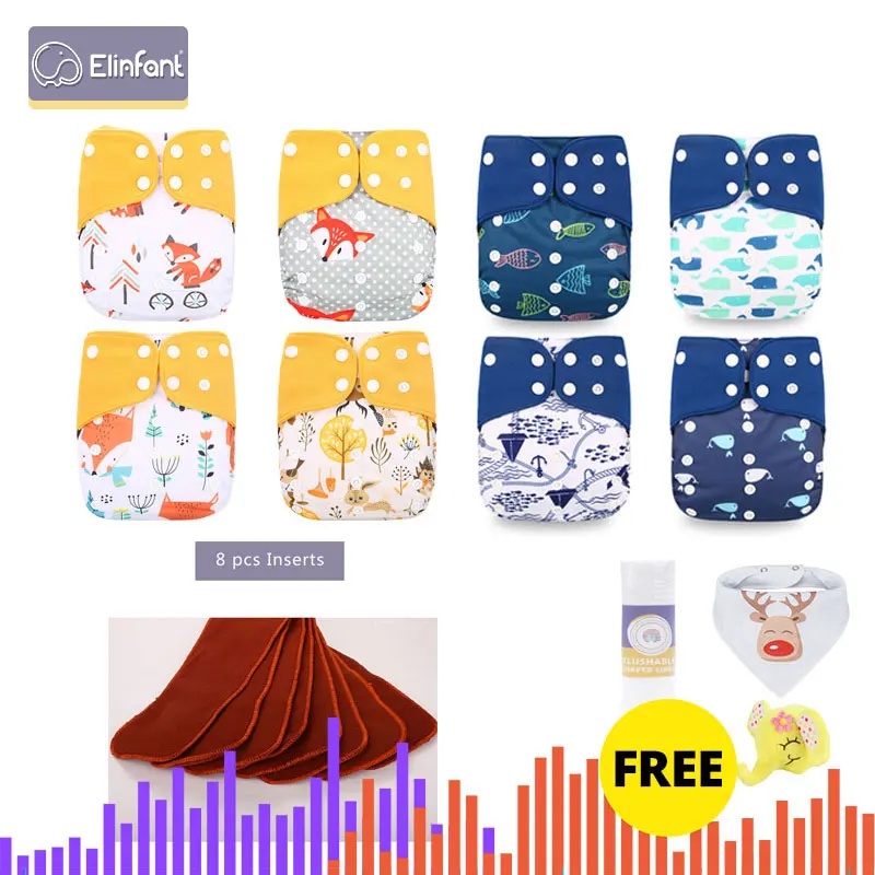 

Elinfant 8pcs diaper with 8 inserts Washable coffee mesh Cloth Diaper cover Adjustable Reusable Nappy