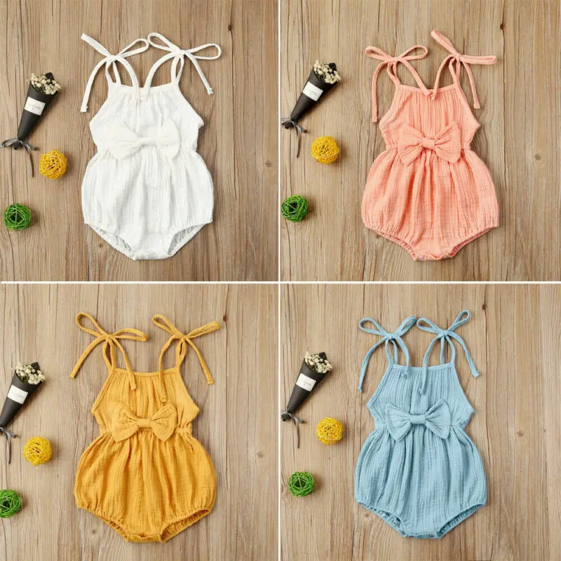 2020 Baby Summer Clothing  Newborn Baby Girl Cute Clothes Srap Romper Cotton Linen Solid Jumpsuit Bowknot Outfits Set Soft - 6