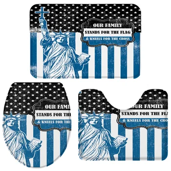 

3 Pieces Bathroom Set Independence Day American Blue Striped Flag Decorative Patterns Durable Bath Set Toilet Cover Mat
