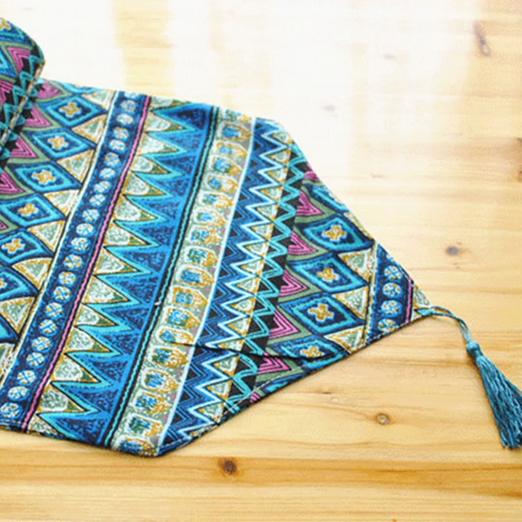 Southeast Asia Style Mixed Geometric Stripes Table Runner Flag Bohemian Cotton Washable Tablecloth with Tassels Dresser Scarf