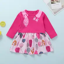 Осенне-весеннее детское платье для девочек с принтом лисы, с длинными рукавами и круглым вырезом, мягкое лоскутное платье, топ для детей, одежда