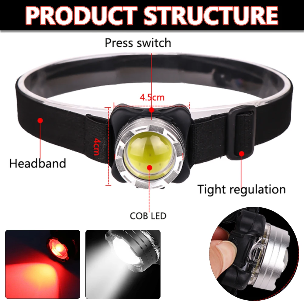 LED Headlight USB Rechargeable COB LED Flashlight Torch Camping Fishing Headlamp Waterproof Head Lamp White Red Lighting