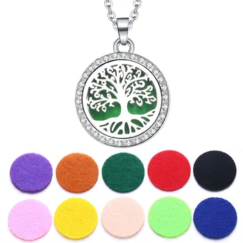 

New Aromatherapy Jewelry Tree of Life Necklace Open Rhinestone Lockets Pendants Perfume Essential Oil Diffuser Necklace 10 pads