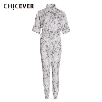 

CHICEVER Casual Print Jumpsuits For Female Lapel Collar Short Sleeve High Waist With Sashes Sweet Style Women Jumpsuit Tide