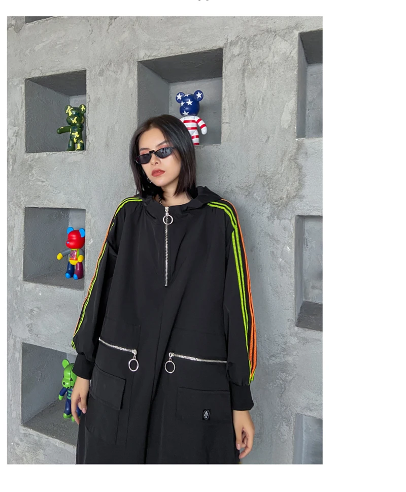 [EAM] Women Black Striped Ruffles Long Big Size Long Dress New Hooded Long Sleeve Loose Fit Fashion Spring Autumn 2020 1DA229