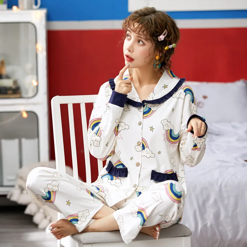 

6605 # Rainbow Cloud TT Cardigan Pure Cotton Long Sleeve Sweet INS Princess Style Pajamas Tracksuit Two-Piece Set