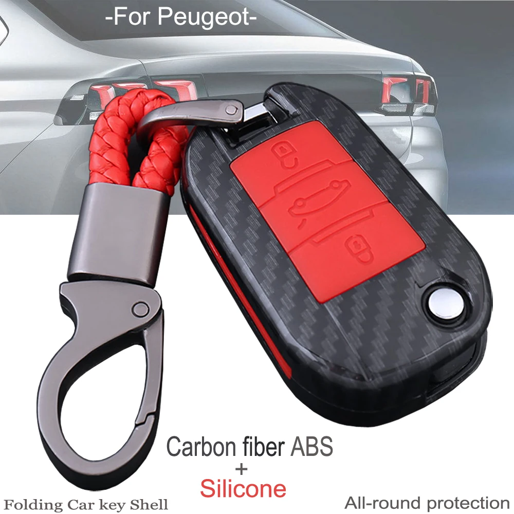 Carbon Fiber+abs Silicon Flip Car Key Cover Shell For Peugeot 3008 208
