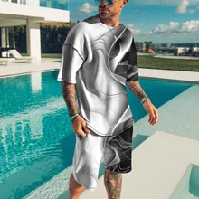 Men's HD Digital Oversized O-Neck T-shirt Fashion Street Hip Hop Trend Beach 2-piece Short Sleeve Youth Sports Suit Clothes