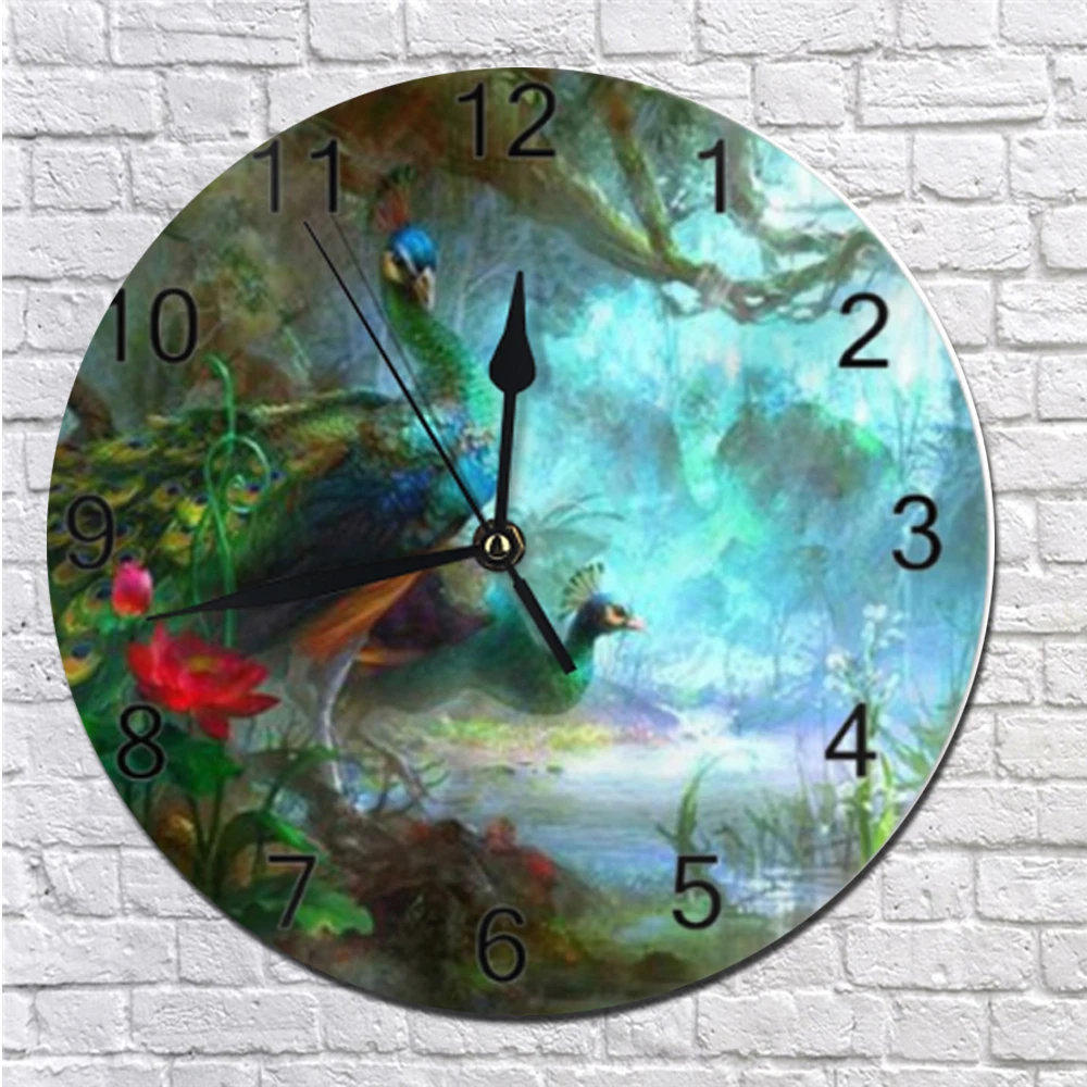 Peacocks Pattern Round Wall Clocks Decor Numeral Digital Dial Mute No