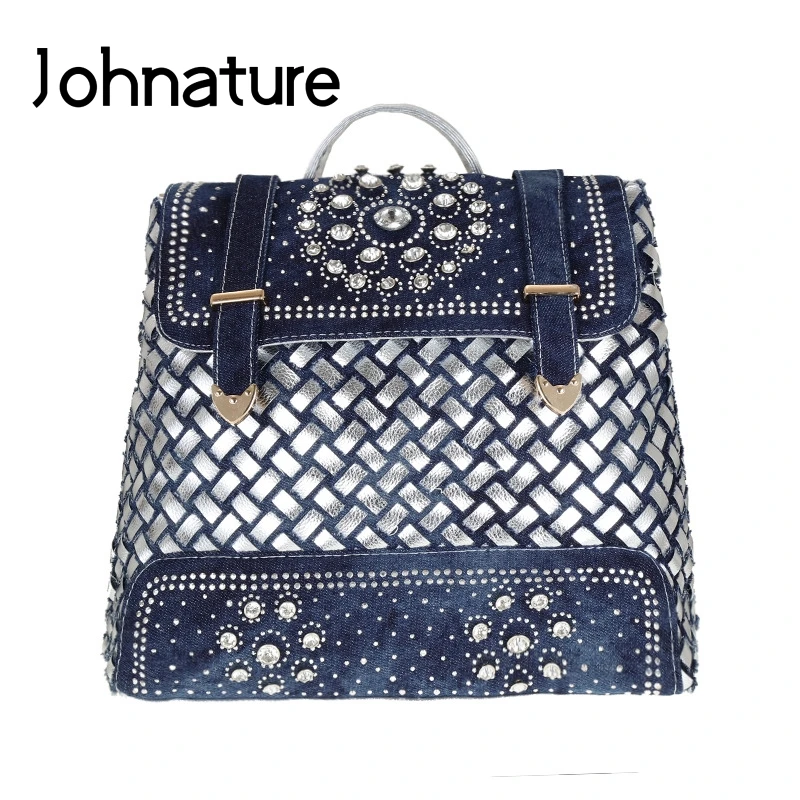 

Johnature 2019 New Handwoven Denim Diamond Large Capacity Shoulder Bag Women Backpack Fashion Solid Color Lady Travel Backpack