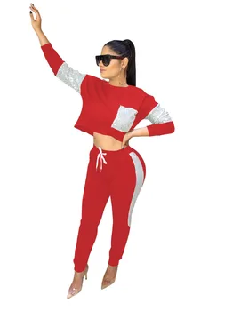 

HAOOHU Casual Sequined Two Piece Set Tracksuits Long Sleeve Crop Top + Pocket Pants Set Sweat Suits Festival Clothes Streetwear