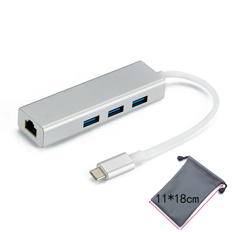 Silver with Bag Внешняя сетевая карта Thunderbolt 3 к Ethernet 3 порта USB 3,0 концентратор type C к RJ45 100 Мбит/с LAN адаптер данных для Macbook - Цвет: Silver with Bag