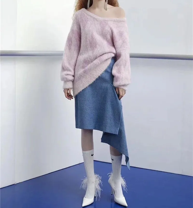 

New Fall Winter Mohair Sweater Women Purple Loose Softwear Knit Pull Femme