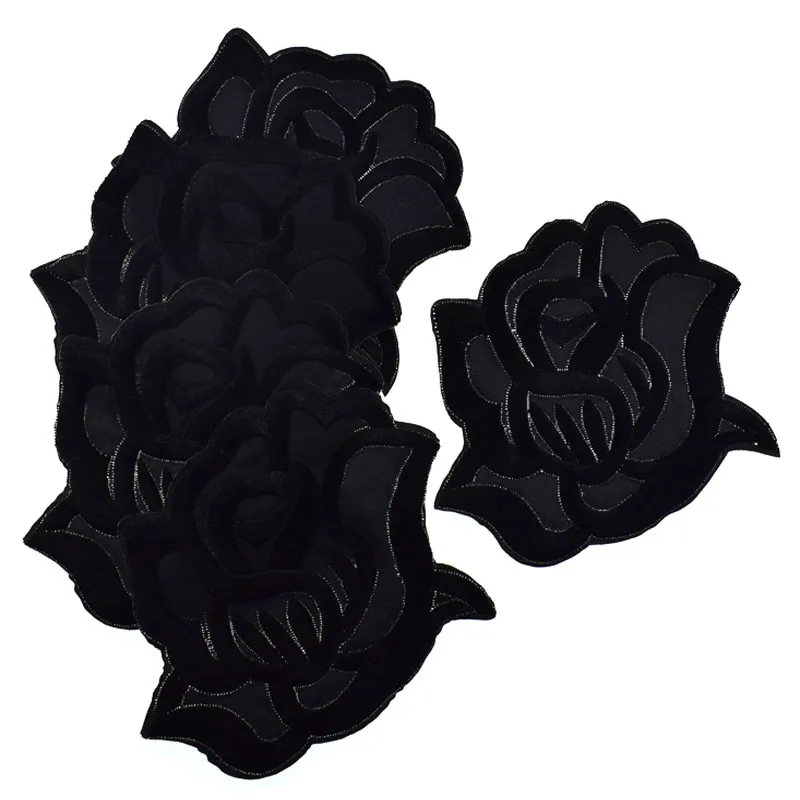 Тканевые вышитые черные нашивки в виде цветков розы с аппликацией железные