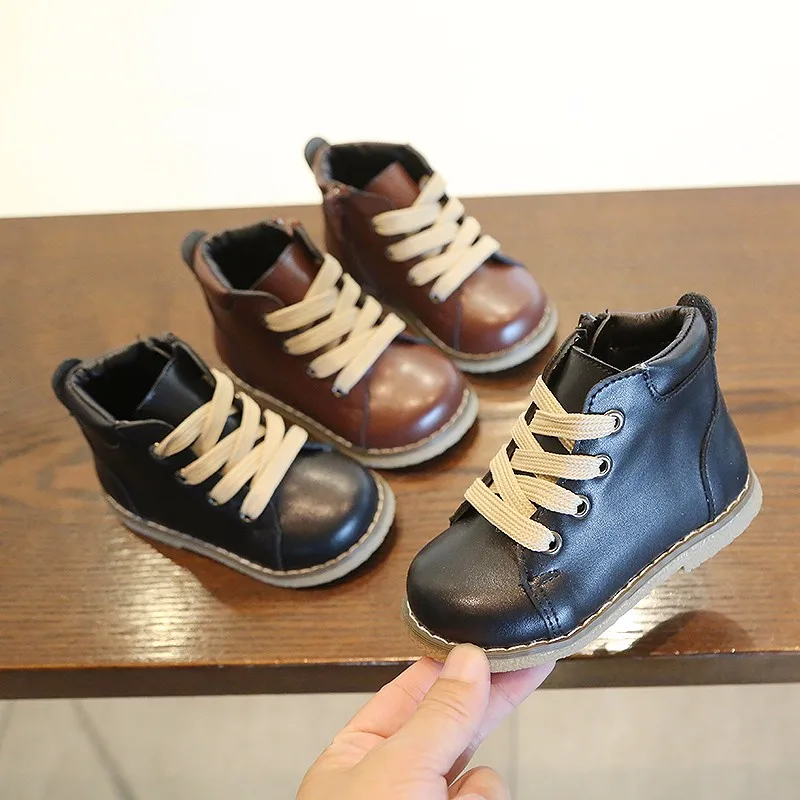 

Baby Shoes Boys New British Autumn Winter Girls Boots Children's Lace Up Equestrain Pu Rubber Boots Kids Casual Shoe Toddler