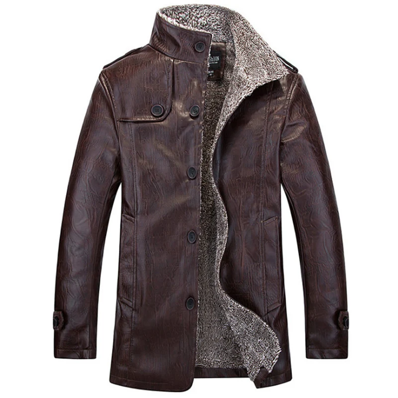 Coffee Autumn Winter Casual PU Leather Jacket Men Slim Fit Motorcycle Jacket Fleece Male Coat Faux Leather Jacket chaqueta cuero hombre - Цвет: Coffee