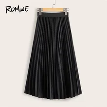 ROMWE однотонный комплект пуловер+ кожаная юбка миди юбка женская осень черная юбка Повседневная Длинная юбка с высокой талией Женская плиссированная юбка