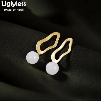 

Uglyless Irregular Round Hollow Earrings for Women Plate Gold Geometric Earrings Real 925 Silver Brincos Jade Balls Bijoux E1755