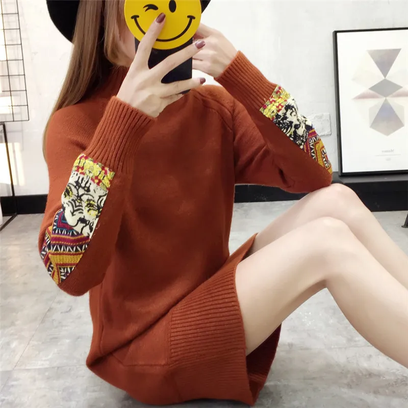 

Mid-length Sweater Women's Pullover Crew Neck 2019 Spring And Autumn New Style Ethnic-Style Loose Underwear Knit Low Waist Jerse