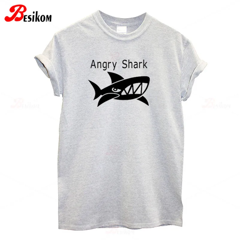 Besikom Angry Shark женские футболки из хлопка с коротким рукавом черная летняя одежда уличная Футболка женская футболка для отдыха