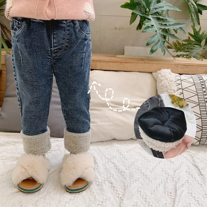 

XINI MOMMY 2020 Winter upset jeans full Length add fluff edge jeans toddler ruffle pants boy pants girls pants T19