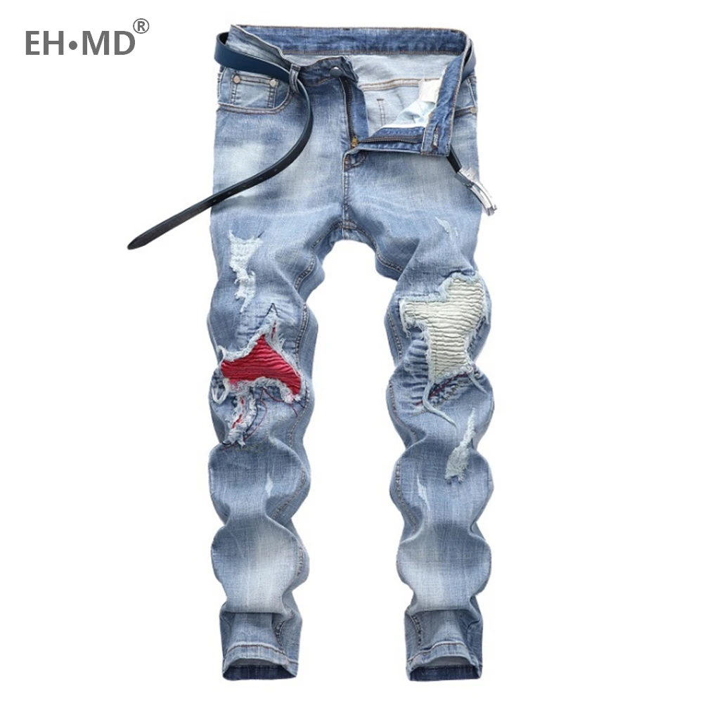 EH·MD® Different Color Patch Jeans Men's Frayed Fall/Winter Straight Cotton Soft Stretch Slim Light Blue Lining Red Fabric 2021