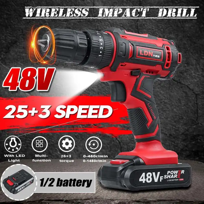 48V Cordless Impact Drill Electric Screwdriver Drill 25+3 Torque