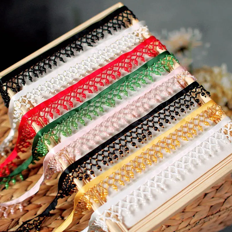 3Yards/Lot New Style Colorful Golden Bead Hand Nailed Pearl Lace Trim Tassel Ribbon Clothing Dress Home Textile DIY Accessories | Дом и сад