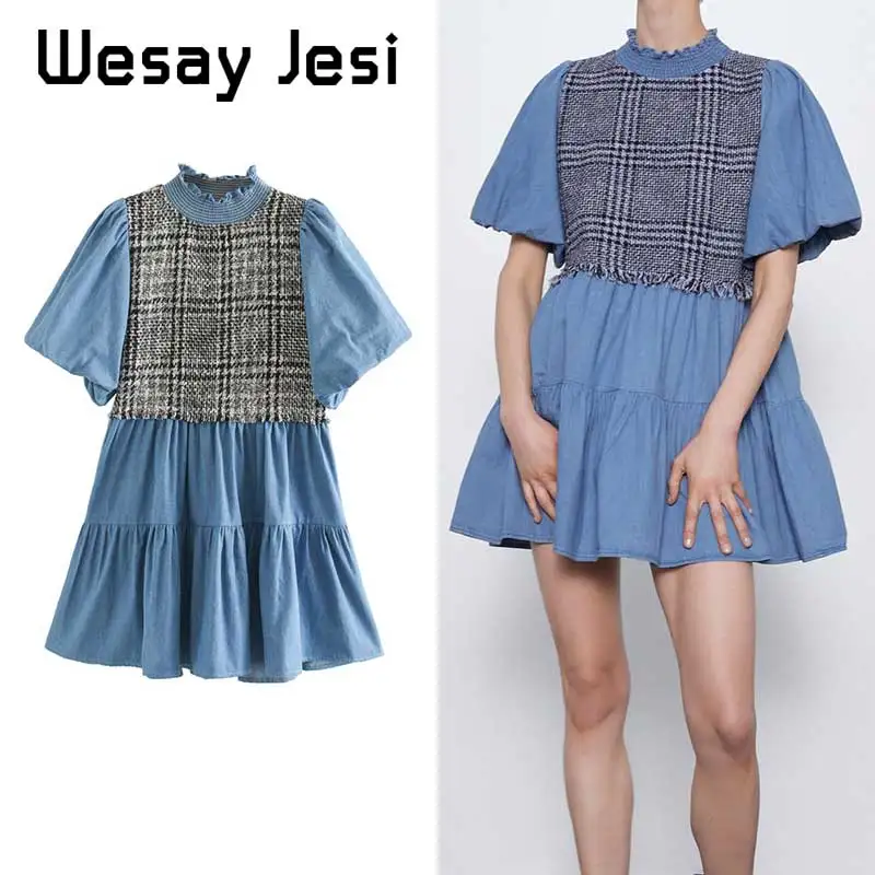 

Simple Dress Women Summer vintage O-neck Denim stitching holiday dress women vestidos vestidos de fiesta de noche mini dress