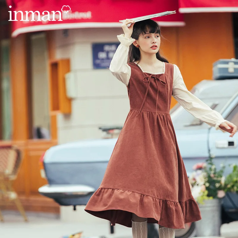 INMAN 2020 Autumn Winter New Arrival Sweet Lady Joint Style Square Collar Long Flare Sleeve Lotus Fringe A Line Dress INMAN 2020 Autumn Winter New Arrival Sweet Lady Joint Style Square Collar Long Flare Sleeve Lotus Fringe A Line Dress