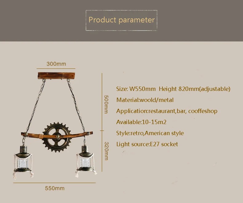 Rustic Pendant Lamp Round Wood Design Gear Retro Hemp Rope Hanging light19