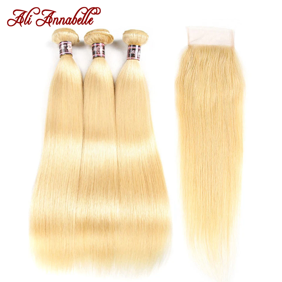 Cut Rate Blonde Bundles Closure Ali-Annabelle 613 Hair-Weave Straight Brazilian with Human-Hair lnKqObBG