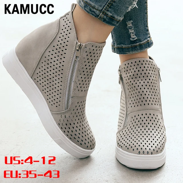 US $11.36 Women's Wedge Sneaker Vulcanize Shoes Fashion Zip Leopard Increase Within Zapatos De Mujer New Fash