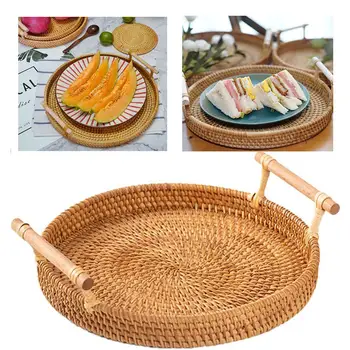 

Hand-woven Rattan Round Basket Tray with Handle Bread Fruit Food Storage Platters Plate for Breakfast Drink Snack Coffee Tea