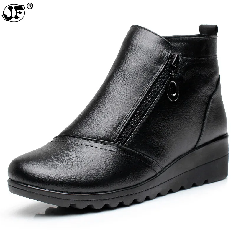 

Genuine Leather Women Side Zipper Comfortable Wedges Heel Ankle Boots Fashion Round Toe Keep Warm Winter Shoes Black Brown 856