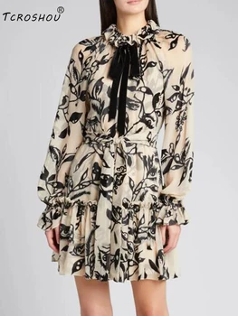 

Pleated Zou bow tie tie waist loose loose retro printed dress ladies autumn new style personality floral big hem Puff skirt