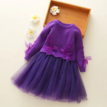 

2019 Winter Knitted Chiffon Girl Dress Christmas Party Long Sleeve Children Clothes Kids Dresses For Girls New Year Clothing