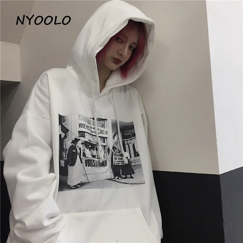 NYOOLO/Винтажные черные и белые теплые толстовки с принтом, осенне-зимние Бархатные пуловеры с капюшоном, толстовка, Женская Мужская одежда, топы