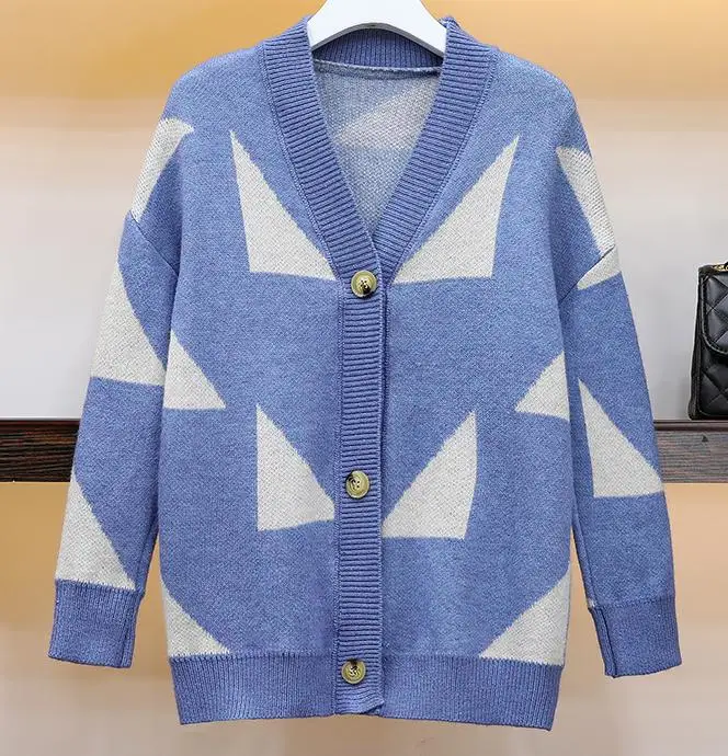 

2019 Autumn Women Cardigans Sweater V Neck Loose Knitwear Single Breasted Casual Knit Cardigan Outwear Pink Green Geometric