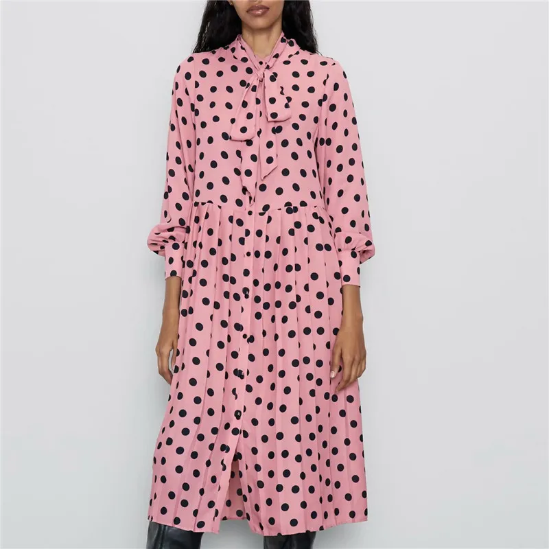 

2019 autumn Sweet Stylish Polka Dot Pleated Midi Dress Women Bow Tie Collar Long Sleeve Pink Dresses Vestidos Mujer