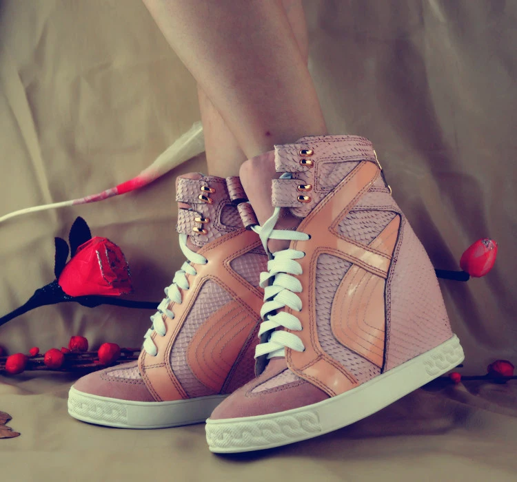 

Women Snearkers Bootie Pink Serpentine Patchwork Height Increasing Casual Shoes Female Round Toe Lace Up Shoes Sneakers Trendy